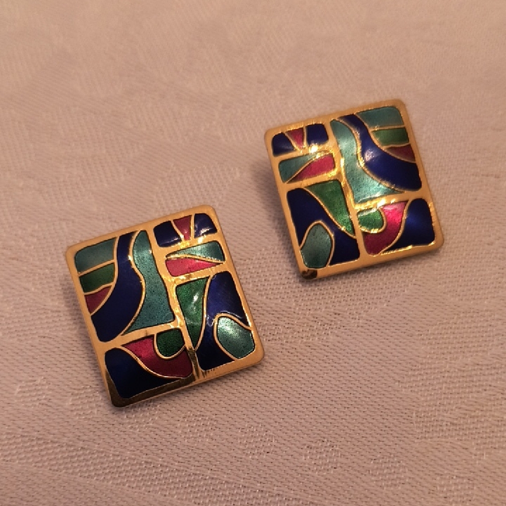 Vintage Cloisonne Signed Abstract Square Clip-on Earrings - Picture 2 of 10